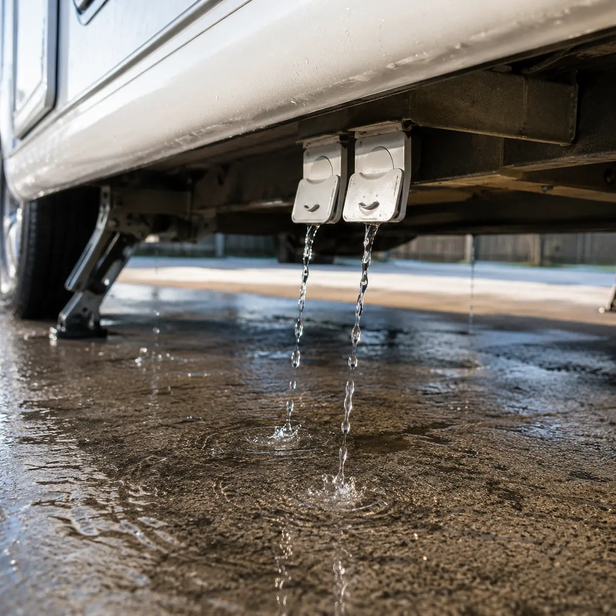 Water draining from a UK touring caravan drain valves onto a hardstanding pitch