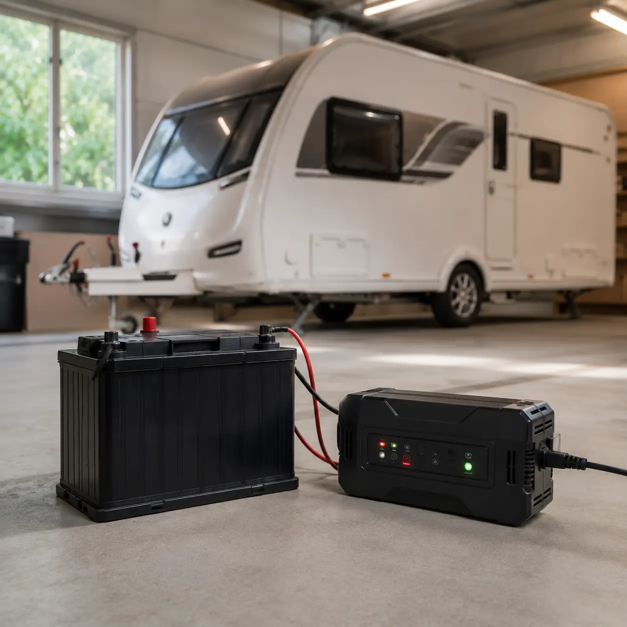 Caravan leisure battery connected to a smart charger inside a garage