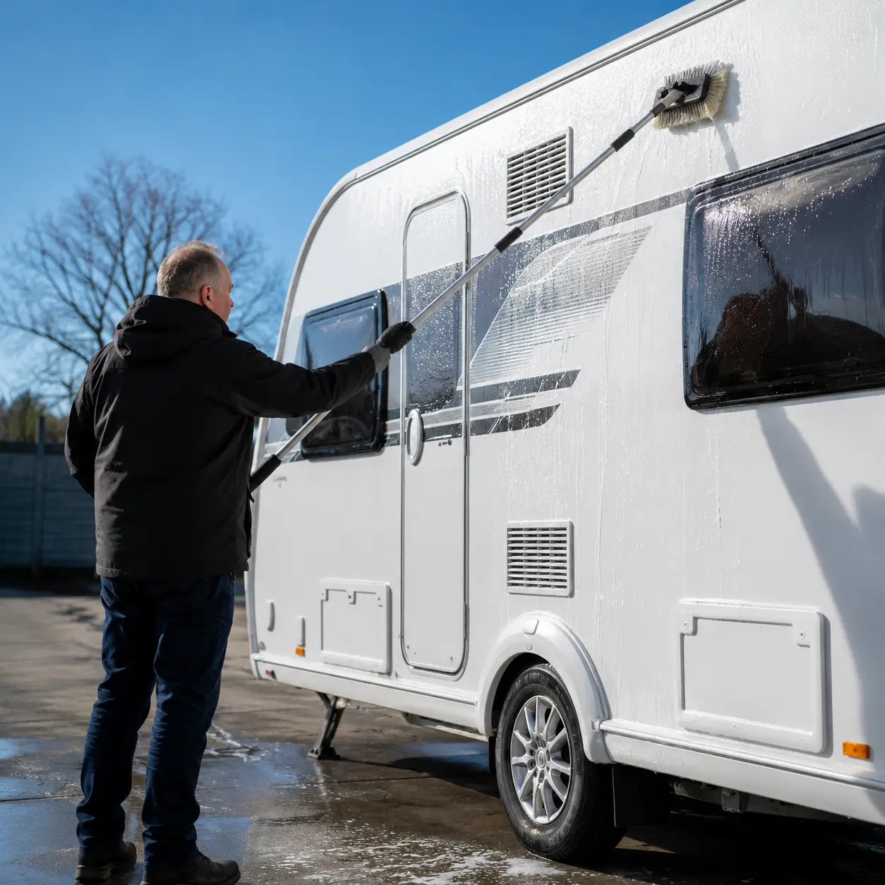 Person washing a modern UK touring caravan before winter storage