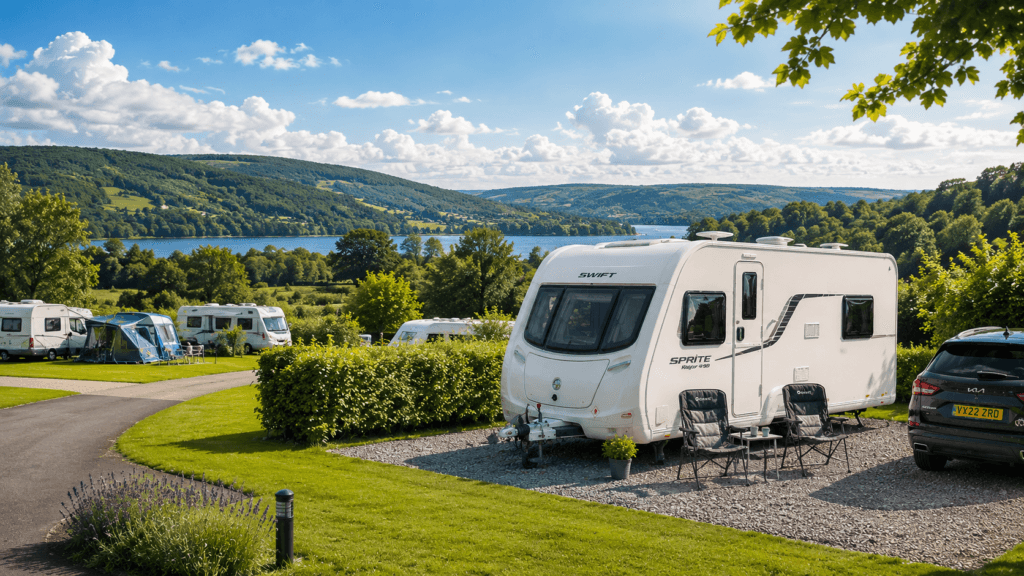 Scenic UK caravan site with modern British touring caravan on spacious countryside pitch