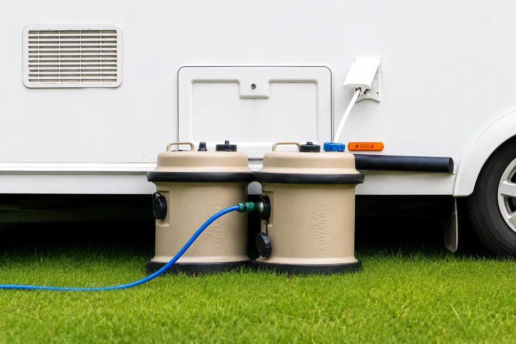 UK touring caravan connected to an Aquaroll water container on a campsite pitch