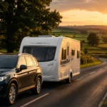 UK touring caravan being safely towed along a countryside road