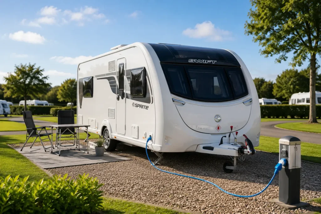 UK touring caravan connected to electric hook-up on a spacious campsite pitch