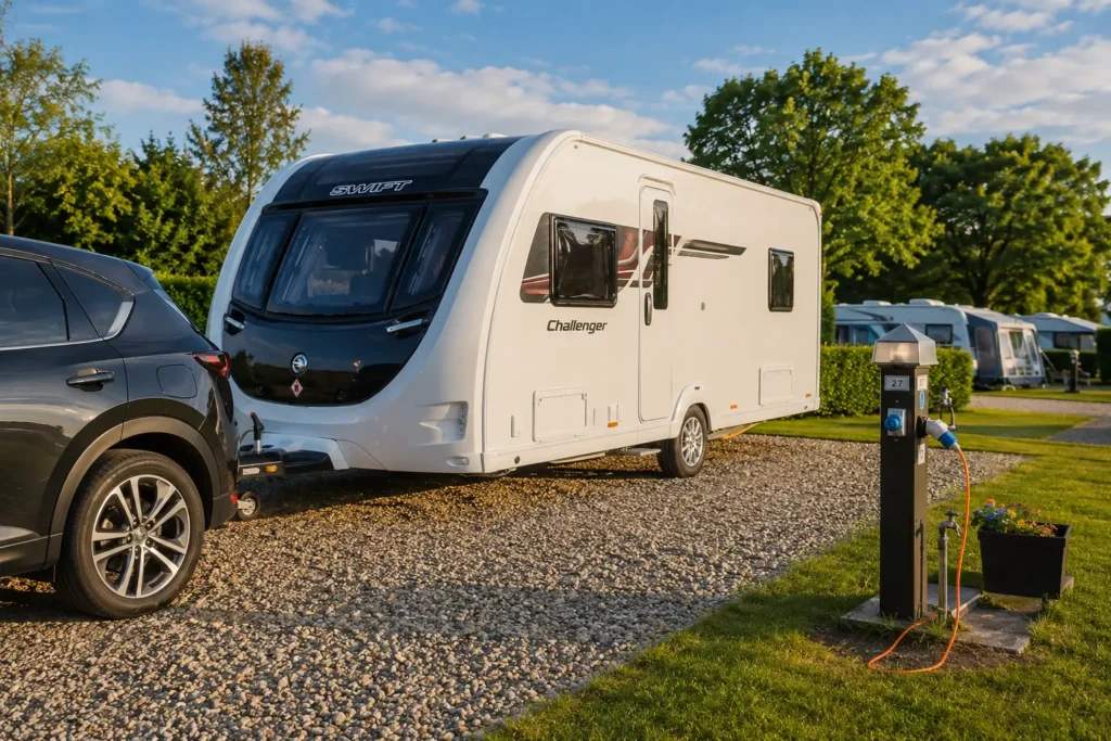 Modern UK touring caravan arriving on a gravel campsite pitch ready for levelling and setup