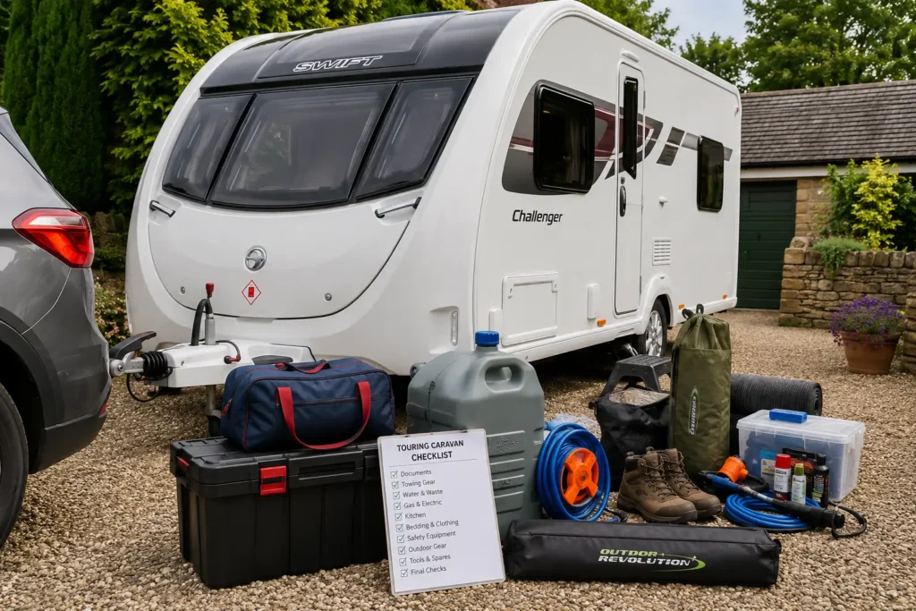 UK touring caravan prepared before leaving for a caravan holiday