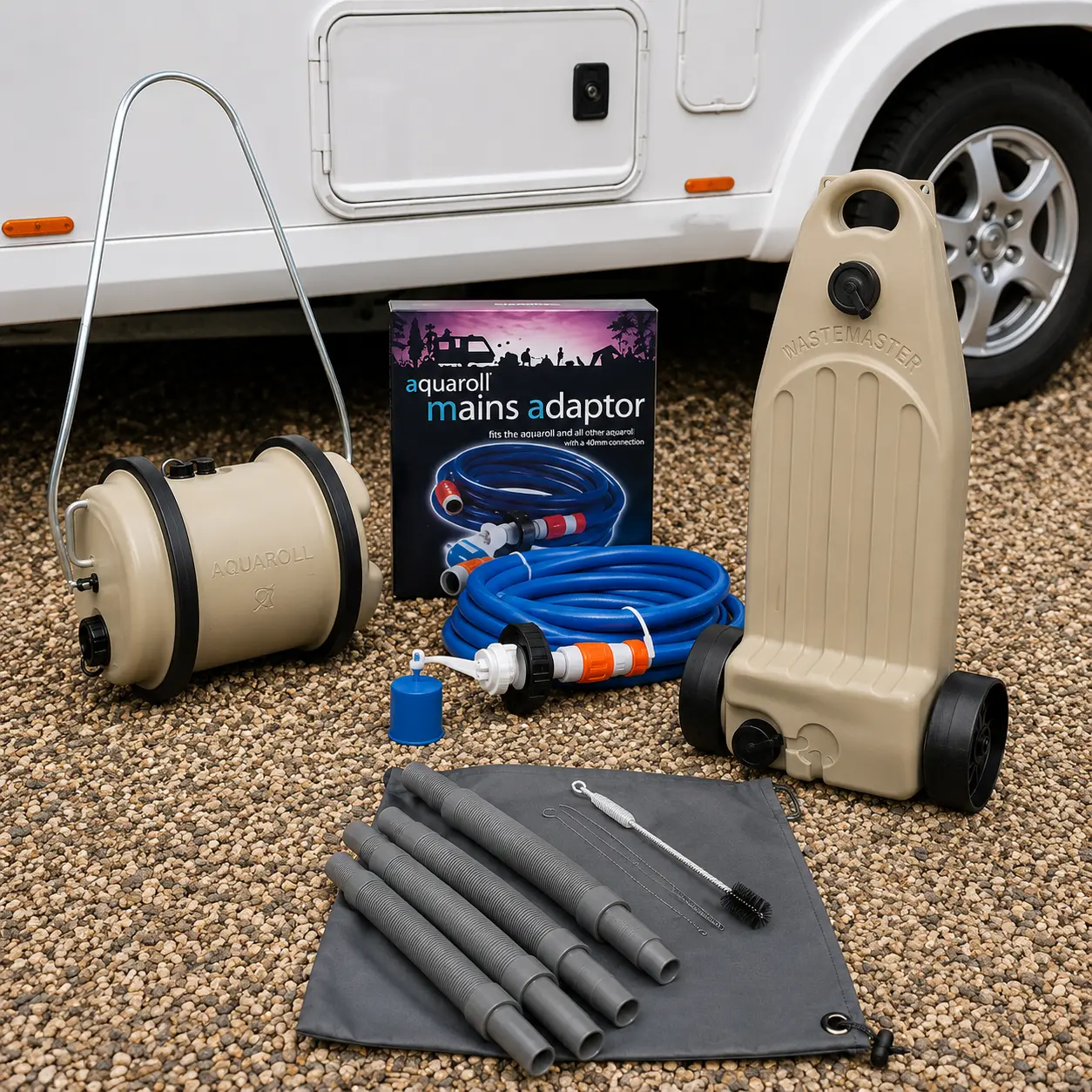 Aquaroll, Wastemaster and caravan waste pipes beside a touring caravan