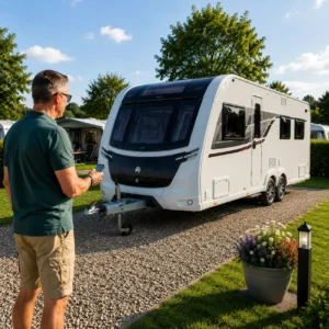 Caravan owner using caravan mover remote beside UK touring caravan