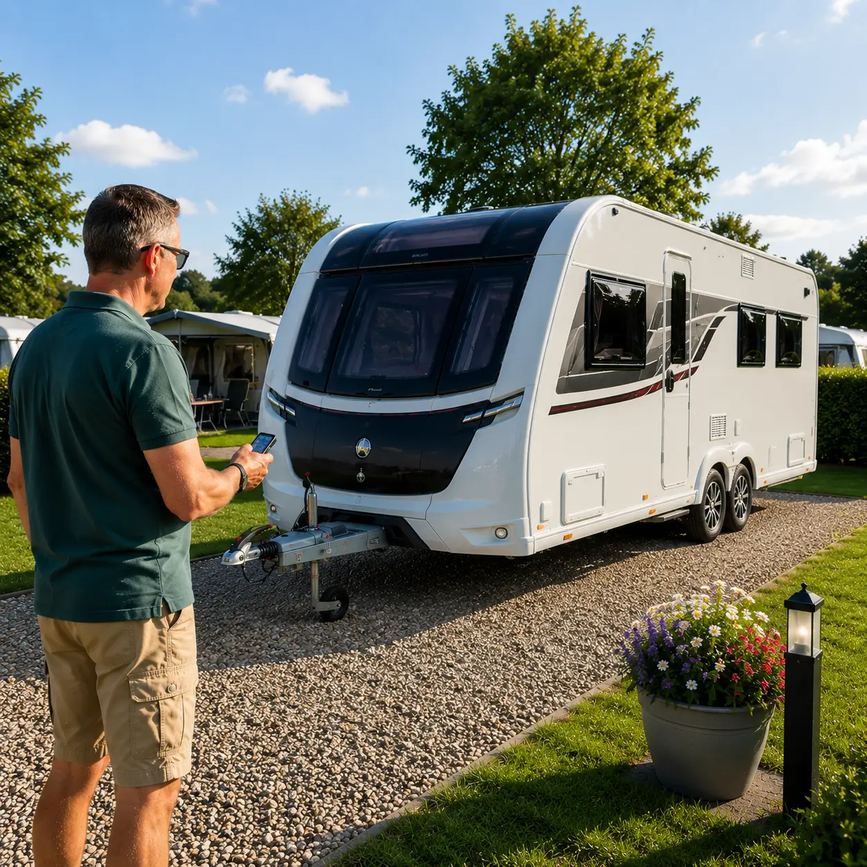 Caravan owner using caravan mover remote beside UK touring caravan