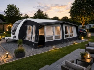 Large full awning attached to a UK touring caravan on a campsite pitch