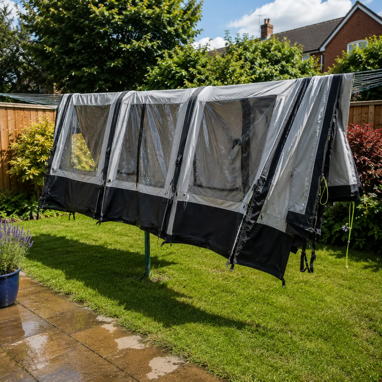 Caravan awning drying in a garden after a touring trip