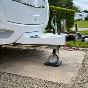 Caravan nose weight gauge positioned beneath a UK caravan hitch