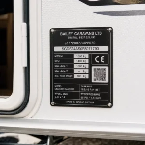 UK caravan manufacturer weight plate beside entrance door
