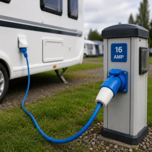 Caravan electric hook-up equipment and safety accessories beside a touring caravan