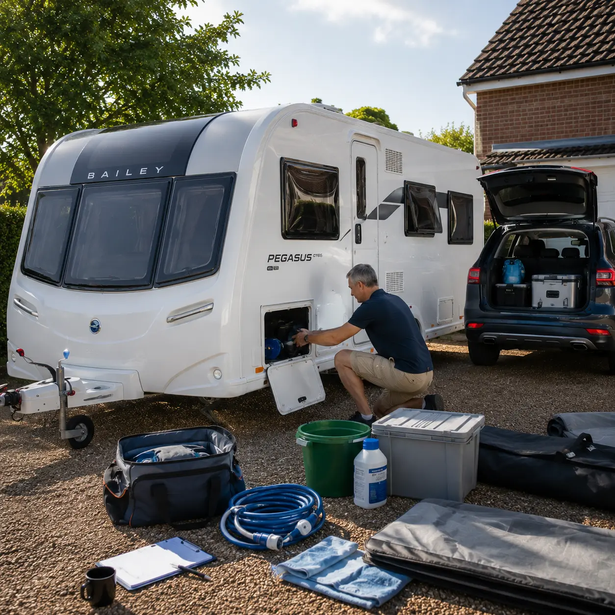Preparing caravan before departure for first caravan trip