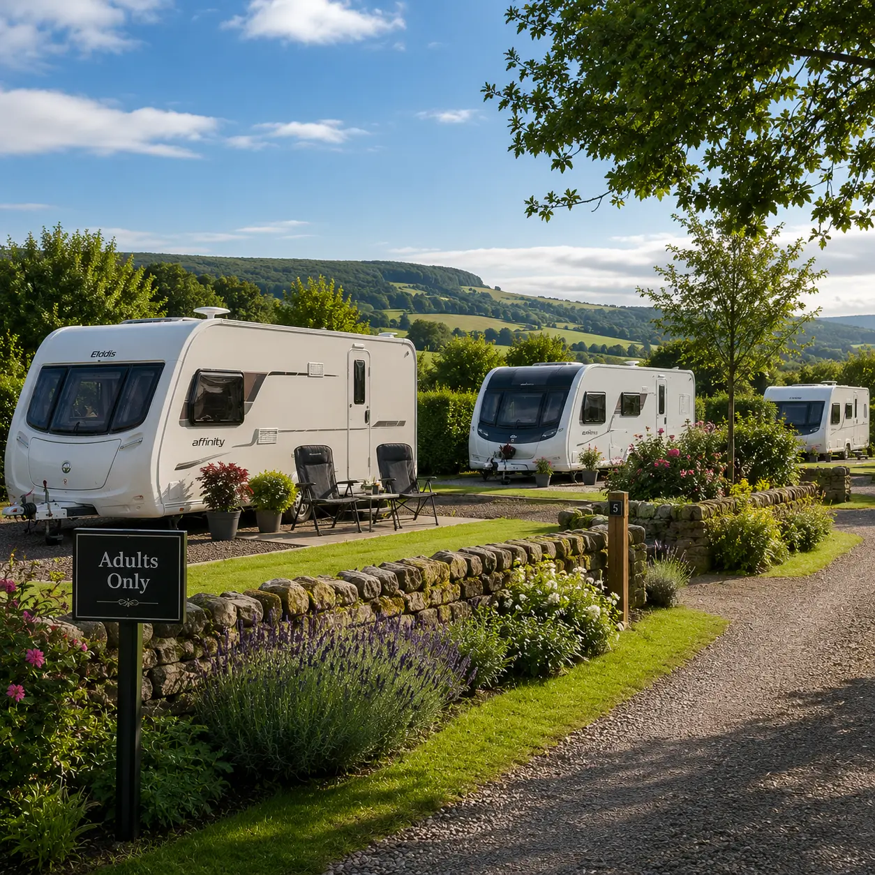 Peaceful adults-only UK caravan site with spacious touring pitches and countryside views