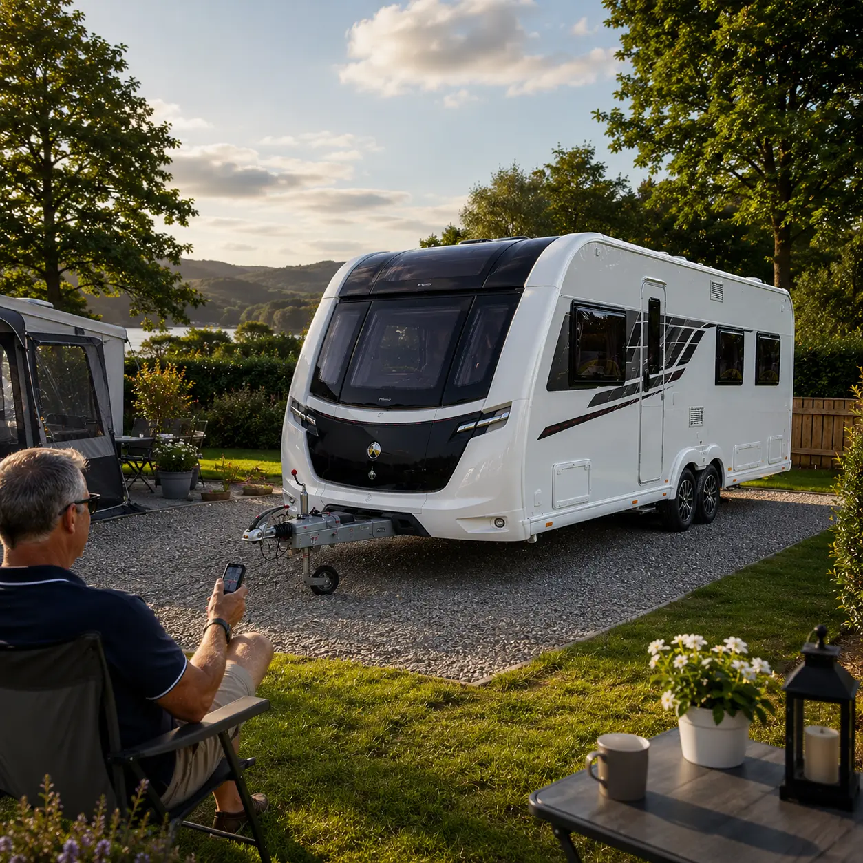 Twin axle UK caravan positioned on campsite pitch using caravan mover