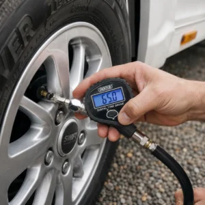 Digital tyre pressure gauge connected to caravan tyre valve