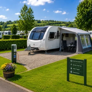 UK touring caravan connected on a fully serviced pitch