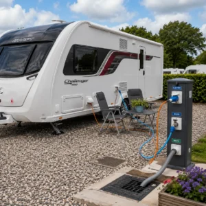 UK touring caravan setup on a fully serviced pitch with electric and water connections