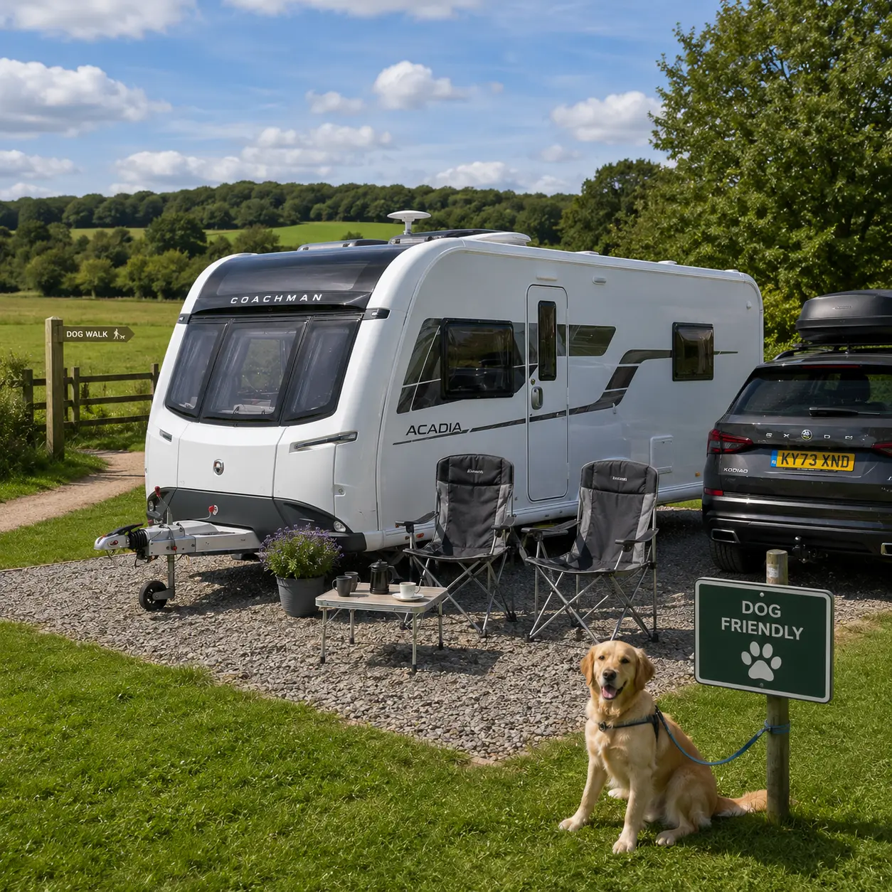 Dog-friendly UK caravan site with walking area beside a British touring caravan