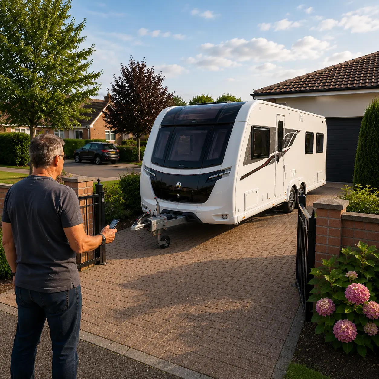 UK touring caravan reversing onto driveway using caravan mover