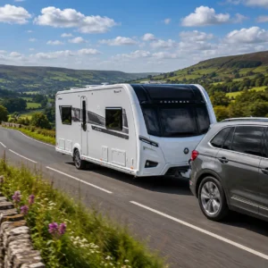UK touring caravan being towed safely along a British A-road
