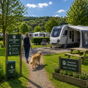 Dog being walked around a caravan site open space area