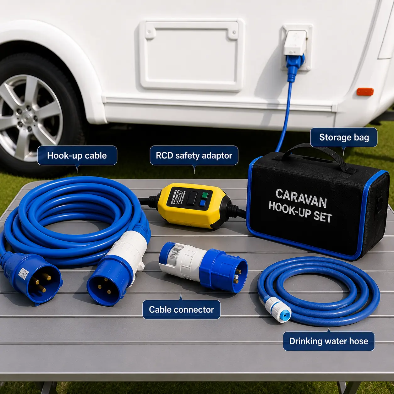 Caravan hook-up cable and touring accessories beside a UK caravan