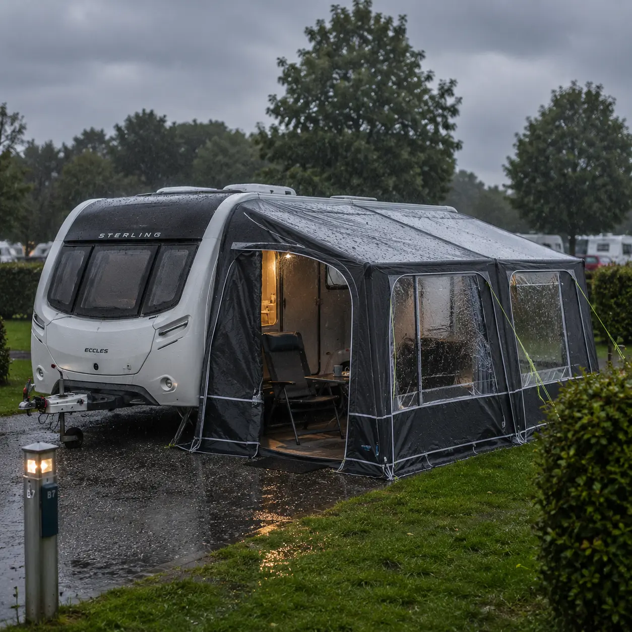 Rainy caravan setup during UK touring trip