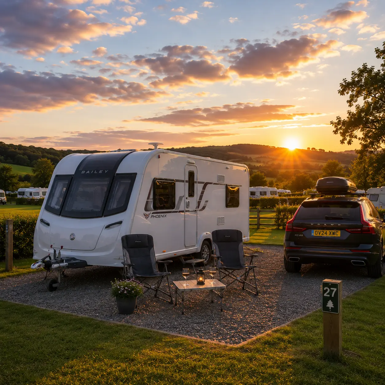 Relaxing UK caravan touring pitch at sunset with spacious countryside views