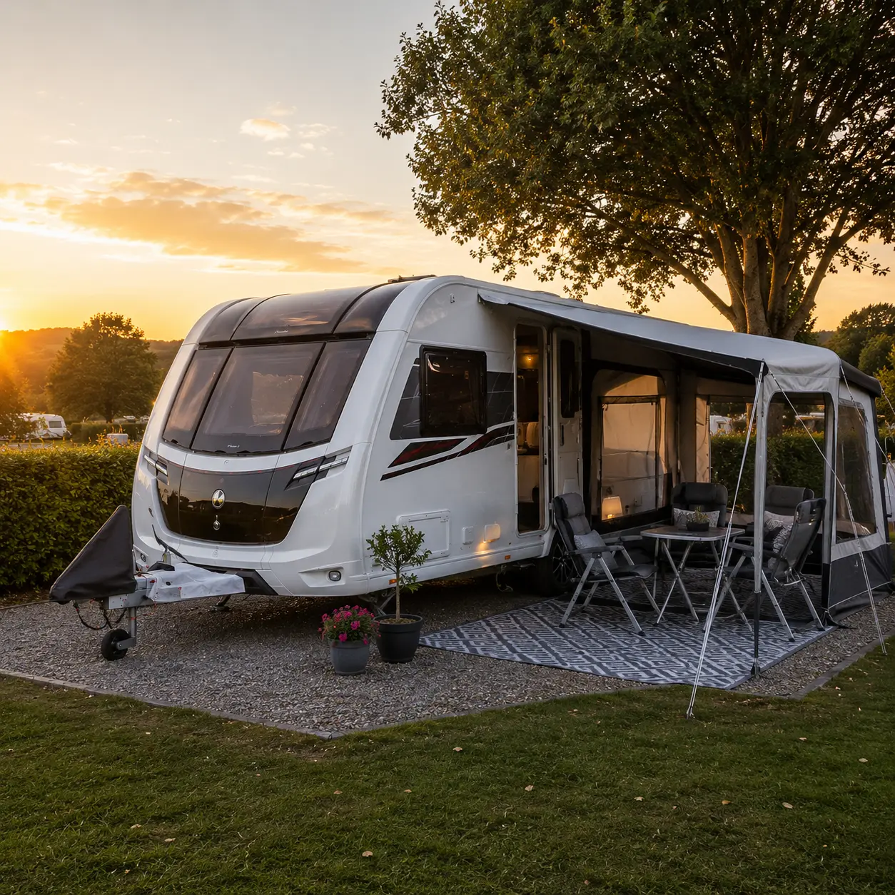 UK touring caravan perfectly positioned on premium campsite pitch with awning