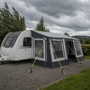 Storm straps fitted to a caravan awning during windy weather
