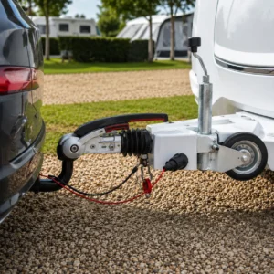 Close-up of a caravan hitch correctly connected to a towball