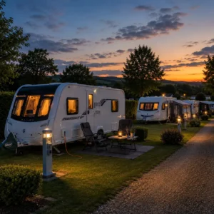Peaceful UK caravan site with touring caravans connected to electric hook-up during an evening stay