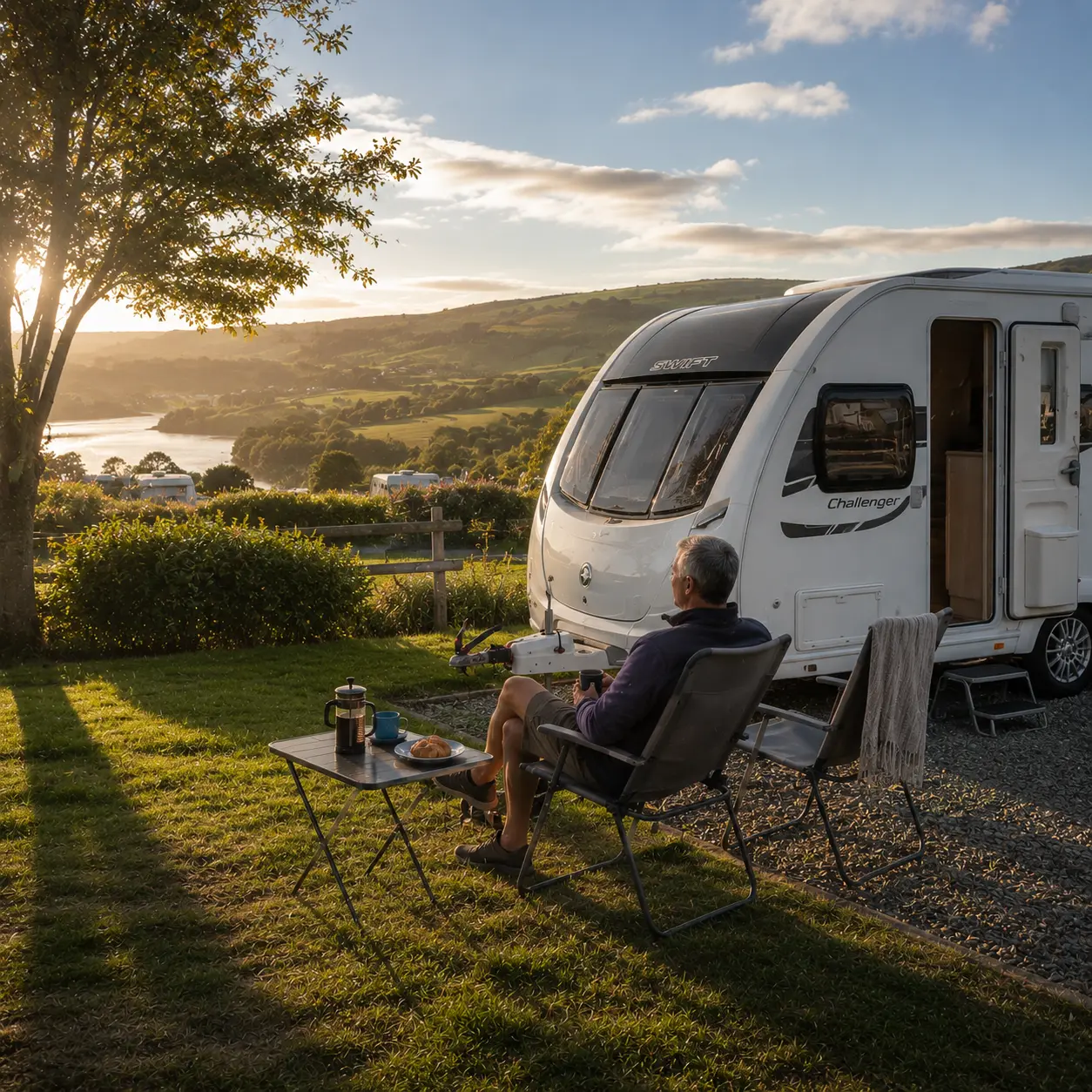 Relaxing caravan morning during touring holiday