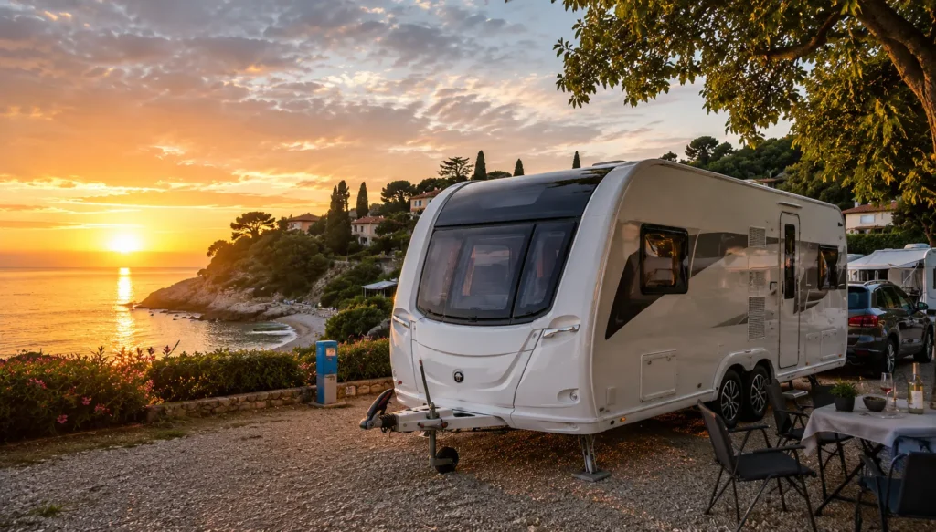 UK touring caravan on a European campsite in summer