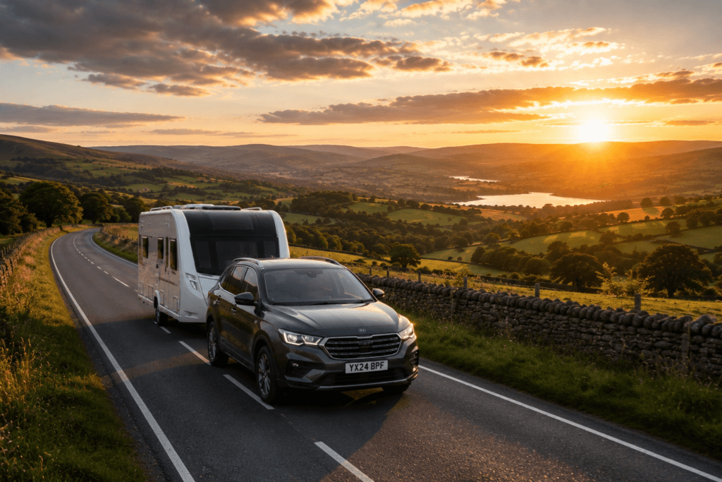 Touring tips caravan image showing a UK touring caravan travelling through the countryside during sunrise