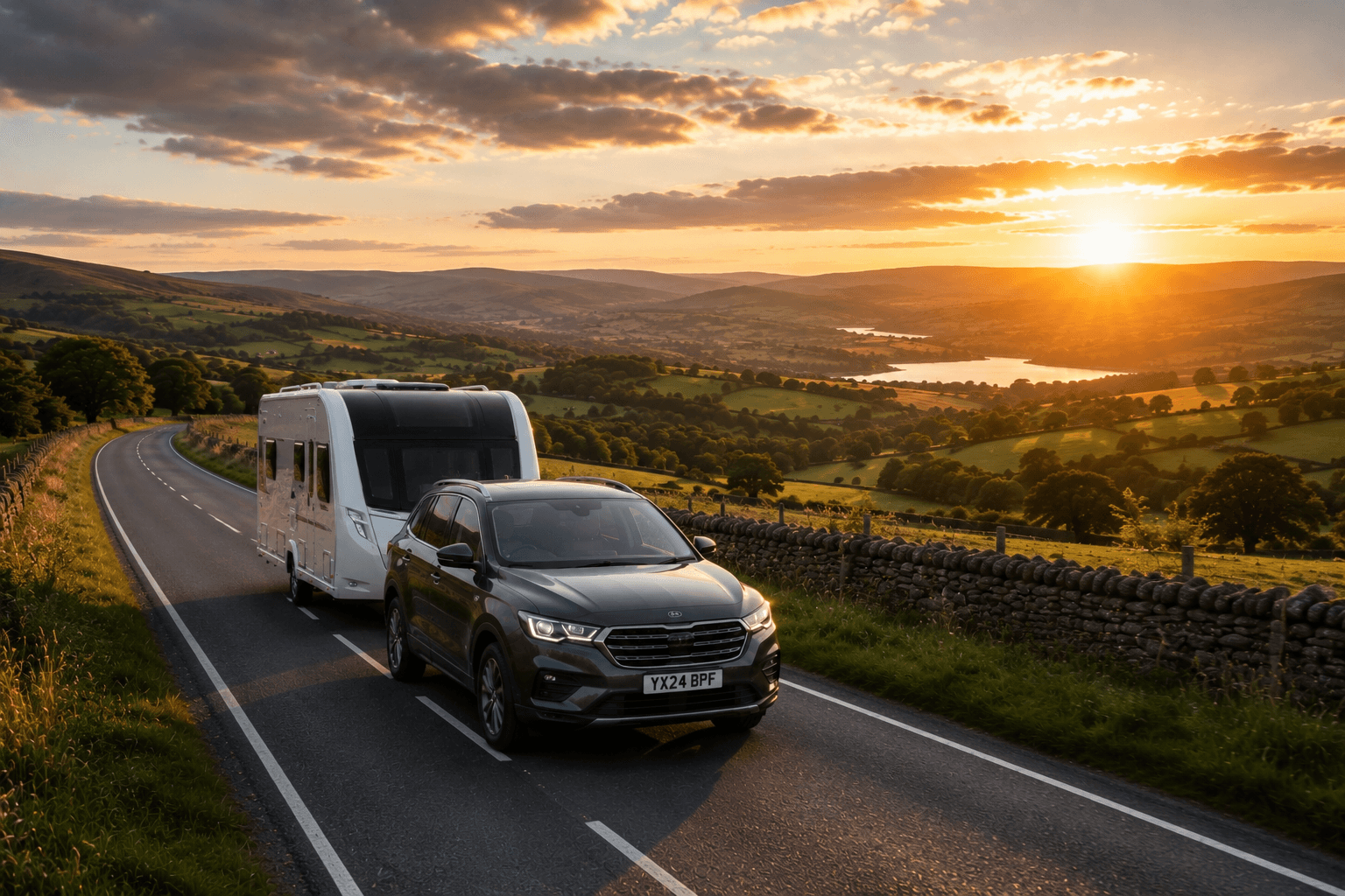 Touring tips caravan image showing a UK touring caravan travelling through the countryside during sunrise