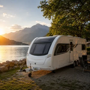 Twin axle UK caravan beside a lakeside European campsite