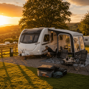 UK caravan being set up on a peaceful campsite pitch during golden hour