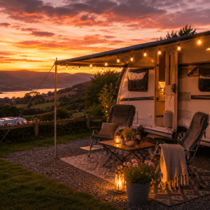 UK touring caravan with fairy lights during a relaxing campsite evening