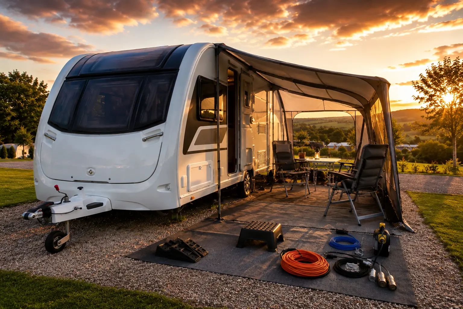 Caravan setup equipment beside a UK touring caravan on a campsite pitch