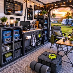 Organised caravan storage and touring essentials inside a caravan awning