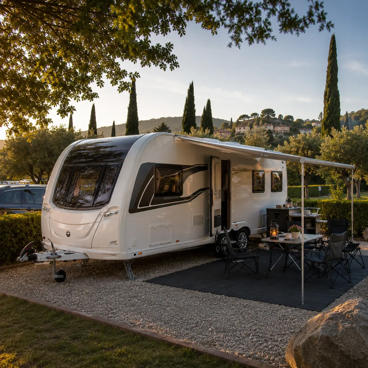 UK caravan setup on a premium European campsite pitch