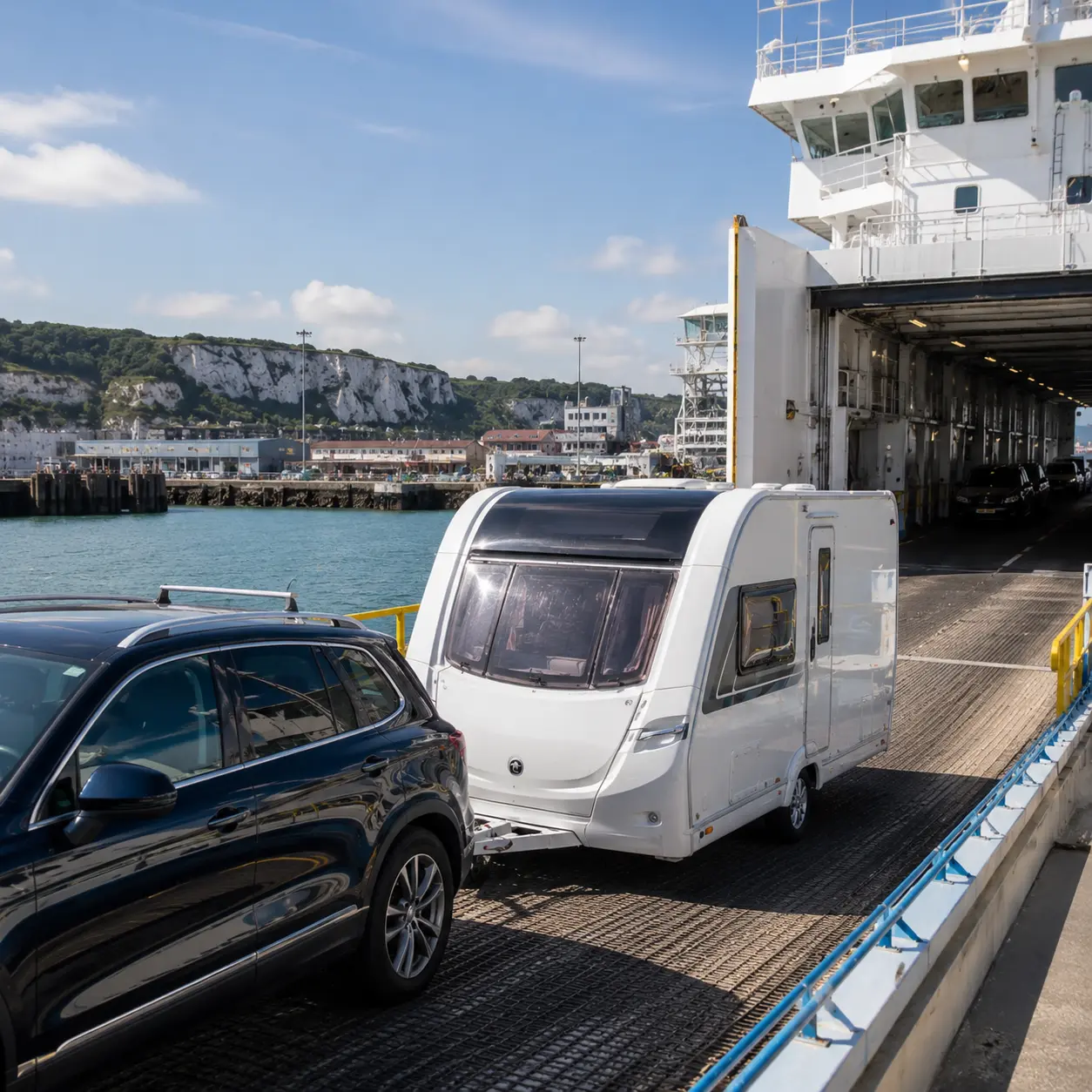 UK caravan boarding a ferry to mainland Europe
