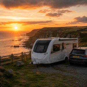 UK touring caravan parked beside dramatic coastal scenery at sunset
