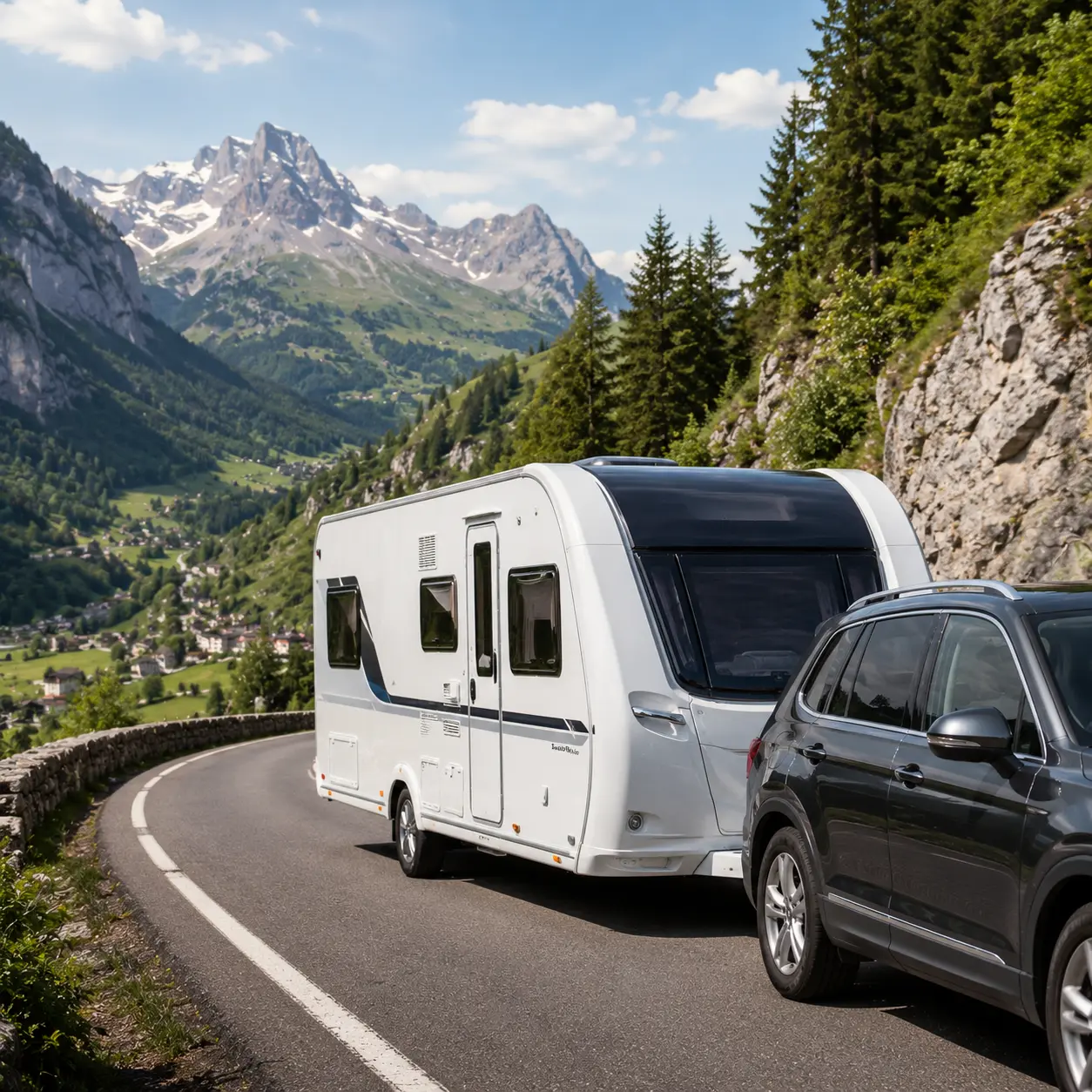 UK caravan towing through scenic European mountain roads