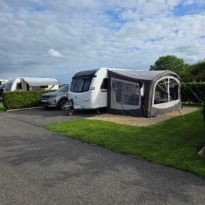 Our fully set up caravan pitch at Eye Kettleby Lakes during our first visit