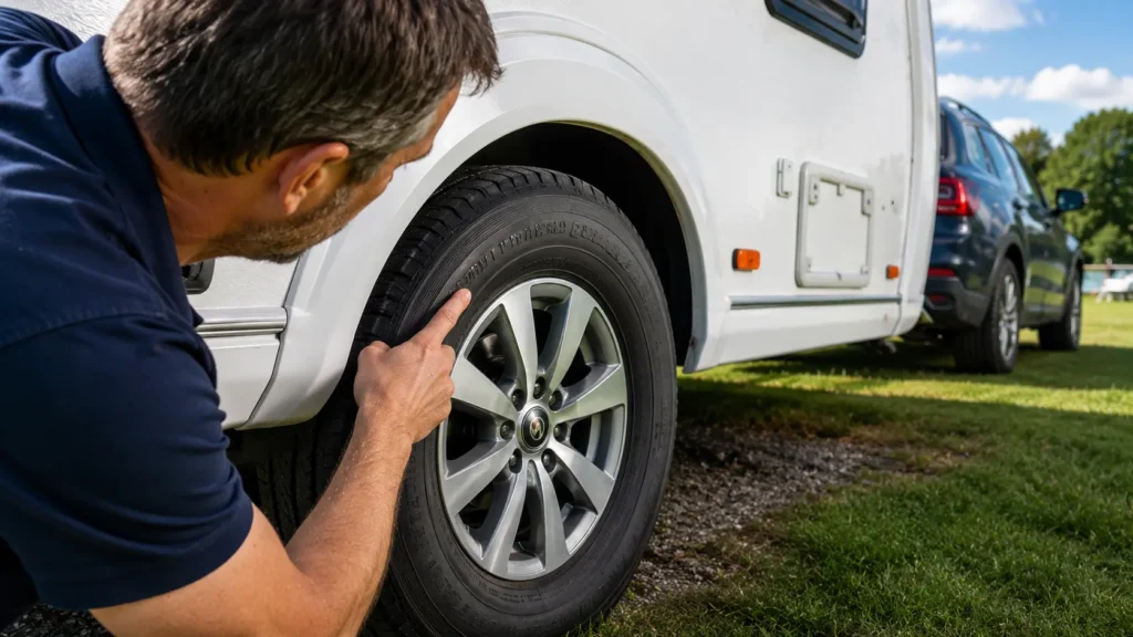 Caravan owner checking caravan tyre age before a touring trip