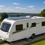 Solar panels fitted to the roof of a British touring caravan